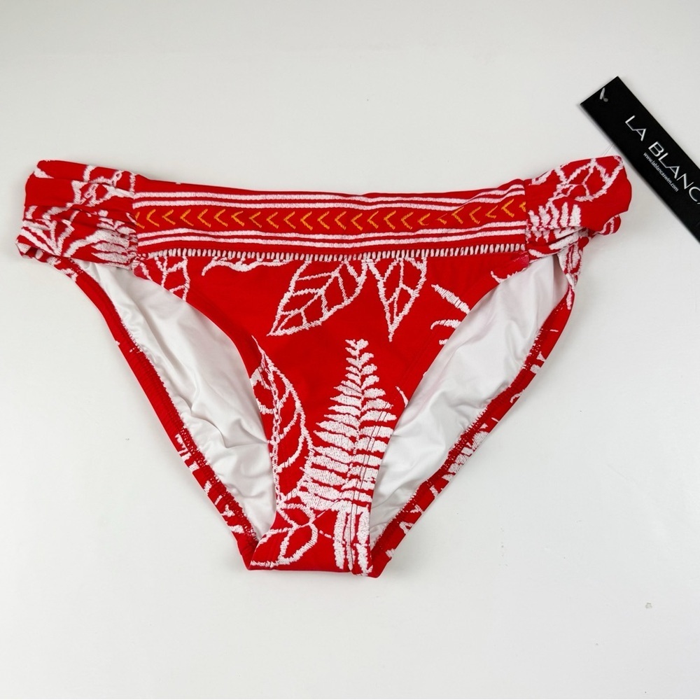 La Blanca Bikini Bottom US 10 Red White Leaf Embroidered Swim Mid Rise NWT